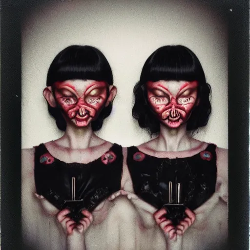 Prompt: polaroid photo :: creepy twins, black background:: by Martine Johanna and Simon Stålenhag and Chie Yoshii and Casey Weldon and Guillermo del toro :: ornate, dynamic, particulate, intricate, elegant, highly detailed, centered, artstation, smooth, sharp focus, octane render, 3d