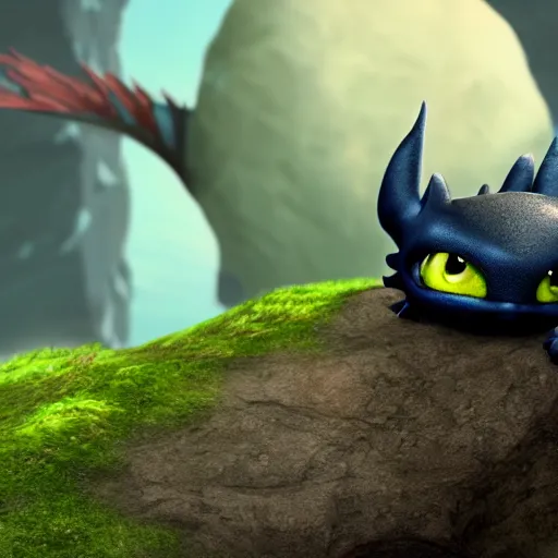 Prompt: HTTYD Toothless sleeping on a cliffside