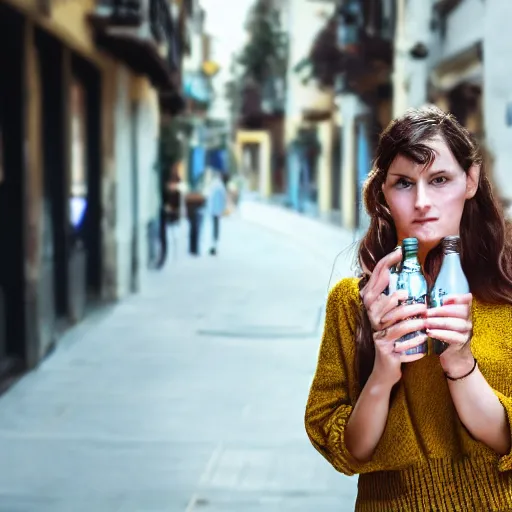 Image similar to photograph of woman holding a bottle in street, kodak, 4 k, realistic intricate detail, hyper detail, woman very tired, full body potrait holding bottle, hazel green eyes, realistic, highlydetailed, natural, masterpiece, sharp focus,