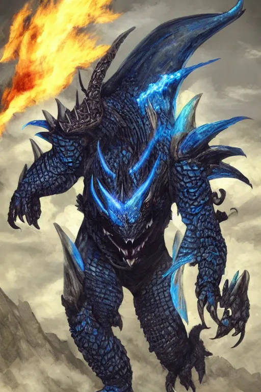 Prompt: a dark blue dragonborn with large tusks, half of his face flaming with blue flame, he wears a black dragon scales armor, art