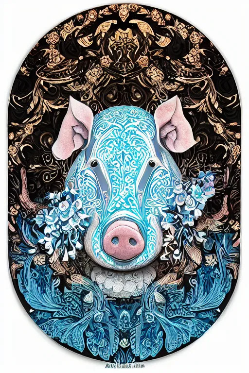 Image similar to Painted dark-wood panel relief carving of a close up of a Flowerpunk Piglet, White and pale blue toned, ornate border frame, explosion of colorful flowers, dark wood, intricately carved, black ink, festival of rich colors, intricate details, cinematic lighting, volumetric lighting, post-processing, art nouveau, tarot, fractal art, mandala, by andreas rocha and john howe, and Martin Johnson Heade, featured on artstation, featured on behance, golden ratio, hyper detailed, photorealistic, epic composition, center spotlight, f32, well composed, symmetrical, UE5, 8k