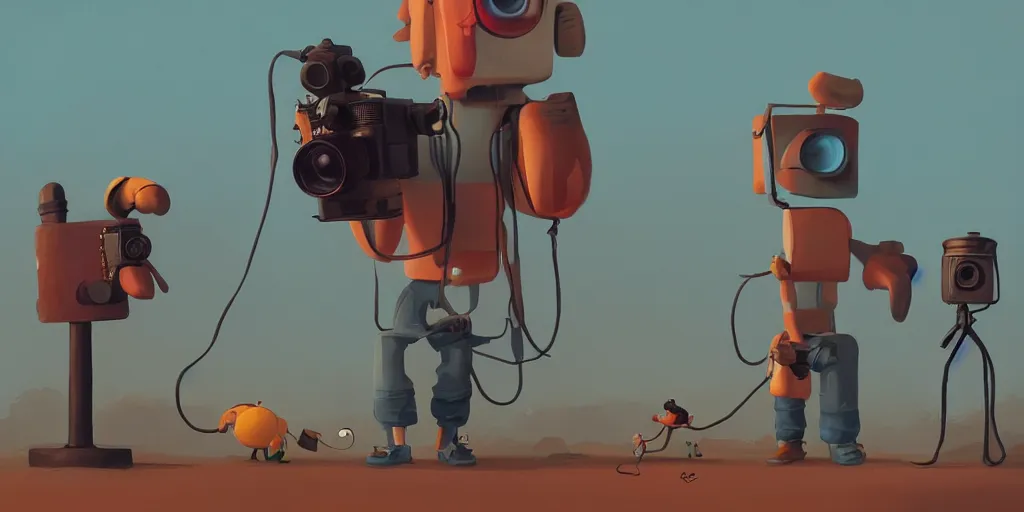 Prompt: Cartoon character photographer taking pictures with old camera by Goro Fujita and Simon Stalenhag, 8k, trending on artstation, hyper detailed, cinematic