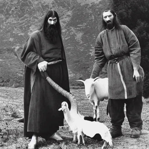 Image similar to photo of breton monks looking like rasputin, with a goat