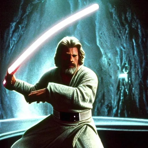 Image similar to “a Star Wars A New Hope movie shot, Jeff Bridges from The Big Lebowski as a Jedi levitating a bowling ball above a swamp on Dagobah” —W 1080