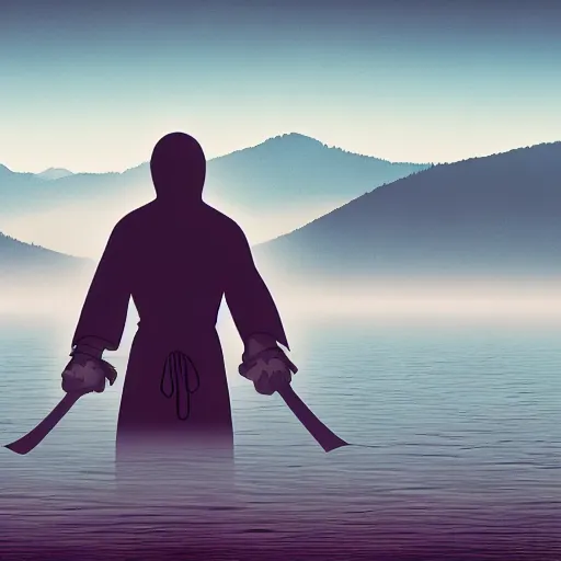 Image similar to ninja, hovering above foggy lake, trending on artstation, manga style 4 k