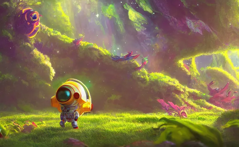 Image similar to a still of a cute adorable tiny astronaut, on a planet of lush colorful foliage surrounded by monster dragons, magical forest, sharp focus, neon backlit, highly detailed, disney pixar studio ghibli makoto shinkai, digital painting, matte, octane render, cinematic volumetric lighting, global illumination, iridescent, anime, 8 k concept art