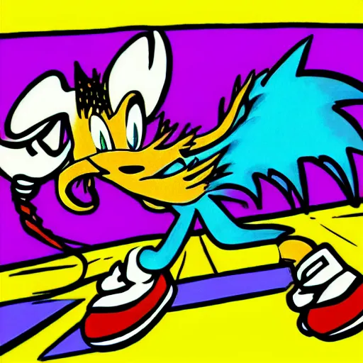 Prompt: low angle shot of Sonic the Hedghehog, colored ink drawing by Robert Crumb, highly detailed, centered, artstation, concept art