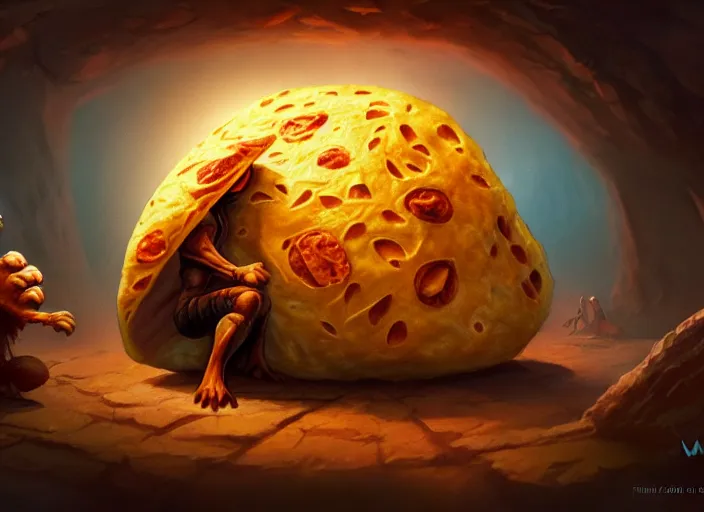 Image similar to a tortilla creature, a group of travelers are trapped inside the tortilla, by marco bucci and frank frazetta, style of magic the gathering, high resolution, fantasy coloring, intricate, digital painting, artstation, smooth, sharp focus