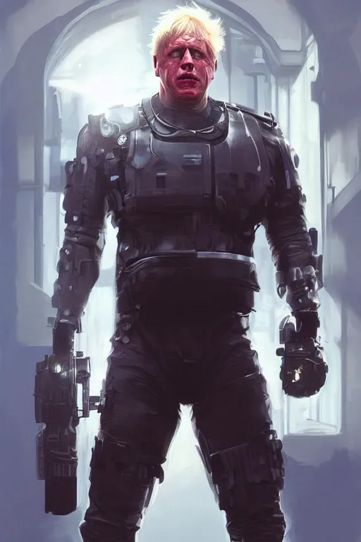 Image similar to Boris Johnson as terminator with red eyes, Boris Johnson hairstyle, full body realistic portrait, highly detailed, muscular body, digital painting, artstation, concept art, smooth, sharp focus, illustration, cinematic lighting, art by artgerm and greg rutkowski and alphonse mucha