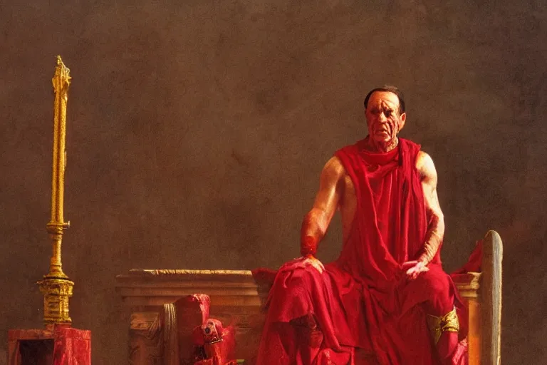 Image similar to a tired, lonely and broken julius caesar is sitting on his throne. face is highly detailed. splices of red are running down his toga. mist. color scheme red and gold. soft light. low angle medium shot. imagined by greg rutkowski and jean - leon gerome