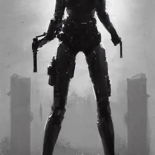 Image similar to concept art by greg rutkowski, a very tall, slender female soldier wearing futuristic white and black tactical gear, brutalist futuristic interior, dim lighting, detailed portraits, nostalgic atmosphere, scifi, digital painting, artstation, concept art, smooth, sharp foccus ilustration, artstation hq