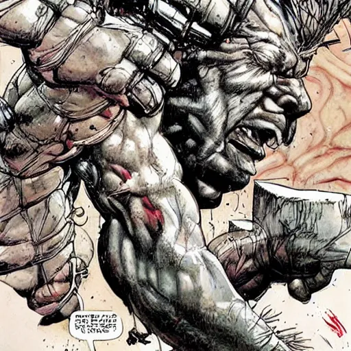 Image similar to by Simon Bisley, a cybernetically enhanced man on steroids growing out of an organic wall made of sinew and flesh