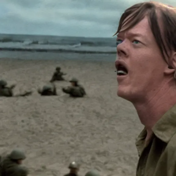 Prompt: photo realistic image of Matthew Lillard as ultra instinct shaggy, storming the beaches of Normandy in 1944, HD, Hollywood cinema, Christopher Nolan