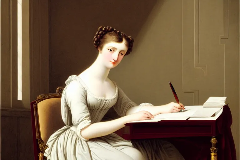 Image similar to 1 8 1 0 s lady writing at her desk by vittorio reggianini, georgian dress, directoire style, regency, empire silhouette, bright lighting, perfectly detailed eyes, beautiful hands, pale skin, clear face