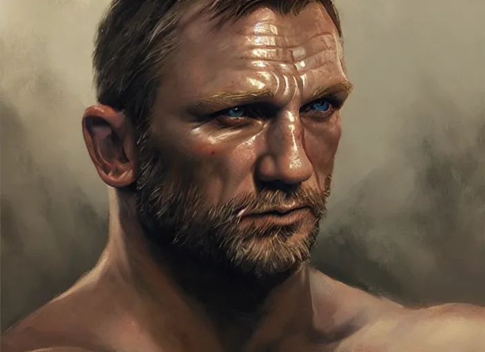 Image similar to a highly detailed beautiful portrait of daniel craig kratos hybrid god of war, by gregory manchess, james gurney, james jean, octane, fantasy