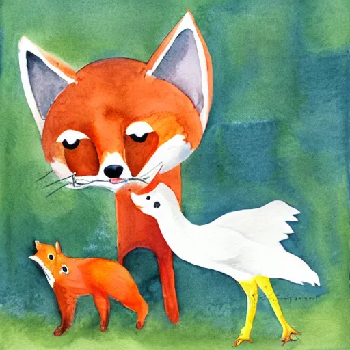 Image similar to a red fox dancing with a white chicken in front of a hen house, watercolor illustration,