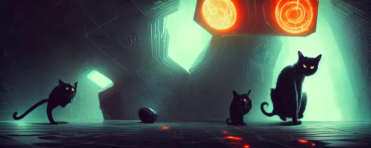 Image similar to duotone noir scifi concept illustrationt of black cat inside a quantum box glowing mesh portals, glowing eyes, octane render, surreal atmosphere, volumentric lighting. accidental renaissance. by sachin teng and sergey kolesov and ruan jia and heng z. graffiti art, scifi, fantasy, hyper detailed. trending on artstation