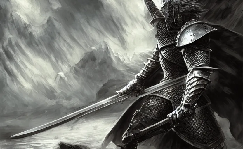 Image similar to a knight with a large sword, digital painting masterpiece by kentaro miura and frank frazetta, hyper detailed, realism, gorgeous, beautiful, 4 k manga wallpaper, inspired by berserk, elden ring concept art