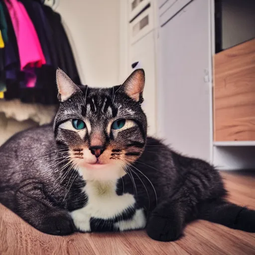 Prompt: a cat in a room full of clothes on the floor, detailed photo, Canon 5D, 50mm lens