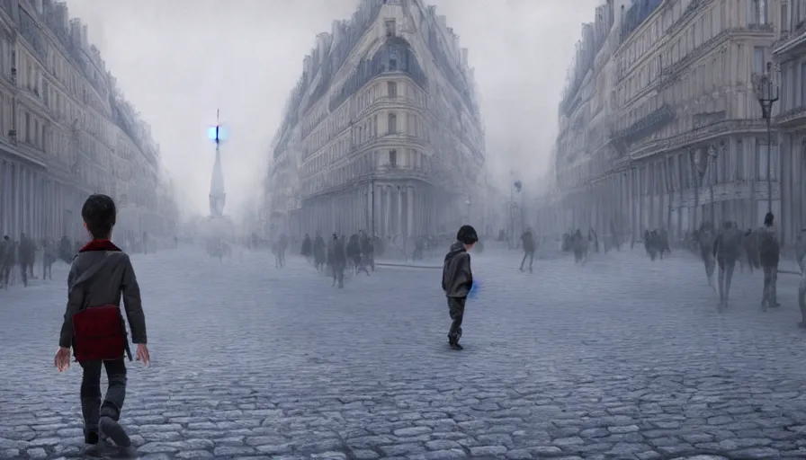 Prompt: Young boy walking in a empty Paris during the French Revolution with a light mist, hyperdetailed, artstation, cgsociety, 8k