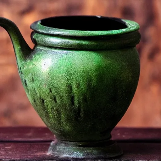 Image similar to a black cauldron filled with a magical green glowing potion standing in an old wilden desk, medieval, dark brown white green colours, mysterious, very detailed, realistic