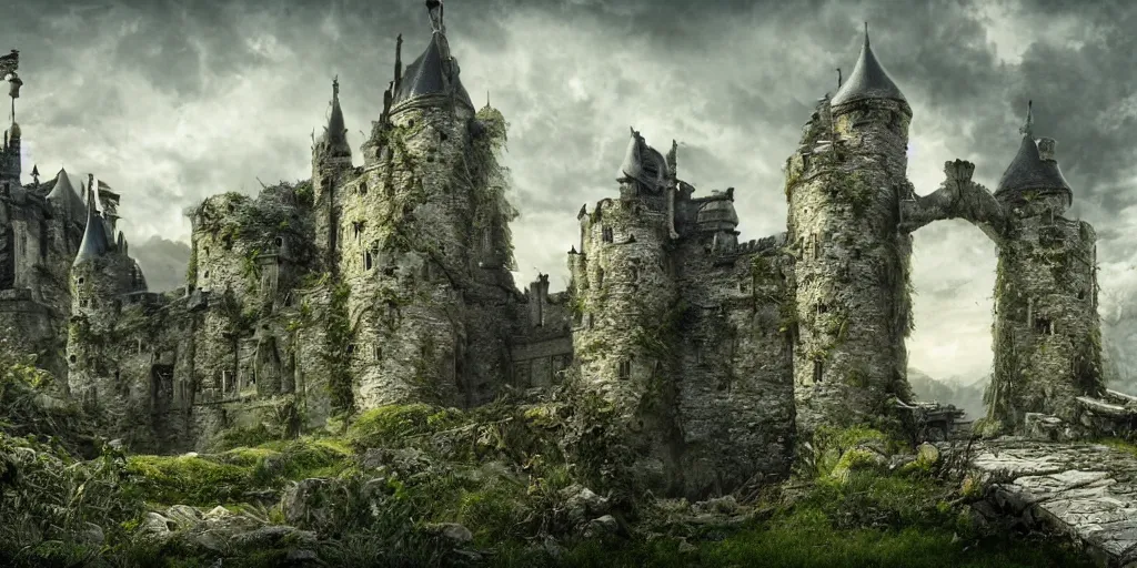 Image similar to matte painting, castle, dramatic landscape, overgrown, cinematic