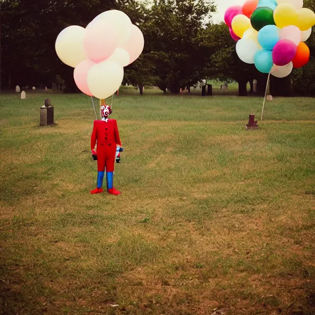 Image similar to creepy clown in the distance holding balloons in cemetary, photo by william eggelston