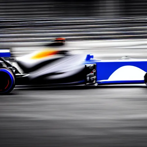 Prompt: a futuristic f 1 racecar driving towards the camera, dynamic angle, motion blur, wide angle, sports photography