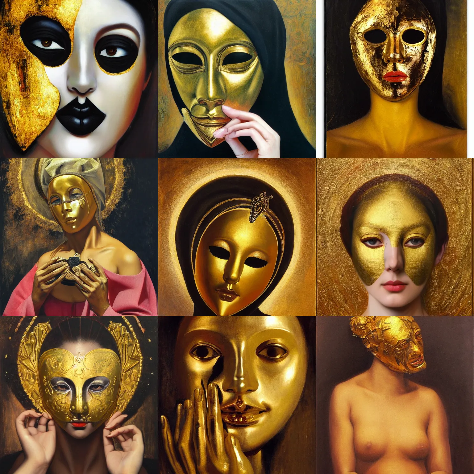 Prompt: Realistic painting of beautiful woman in gold mask who holds black heart, broken into pieces mask like mirror, black cloth, the long shot, dramatic lighting, high-detailed oil painting by Ilya Repin, William Blake, Michelangelo da Caravaggio and Beksinski, masterpiece, 4k
