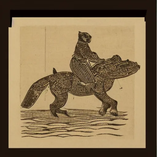 Image similar to woodblock print of an otter riding horseback