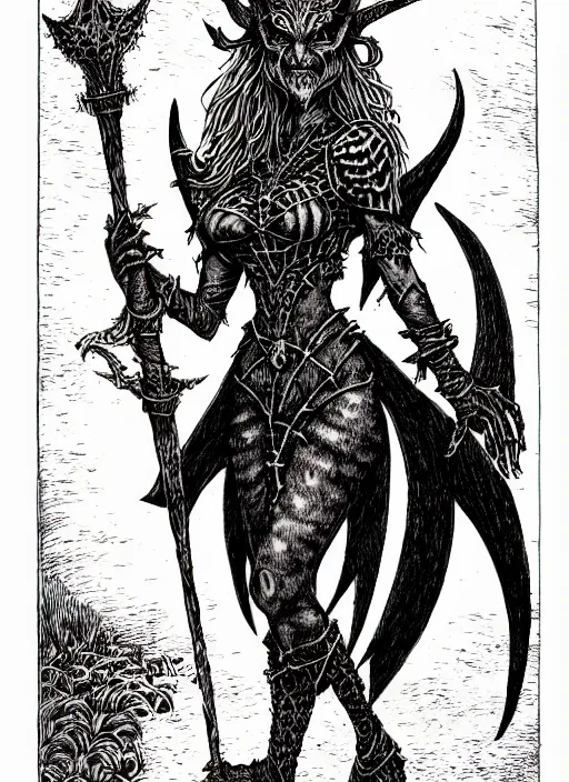 Image similar to cait sidhe as a d & d monster, full body, pen - and - ink illustration, etching, by russ nicholson, david a trampier, larry elmore, 1 9 8 1, hq scan, intricate details, inside stylized border