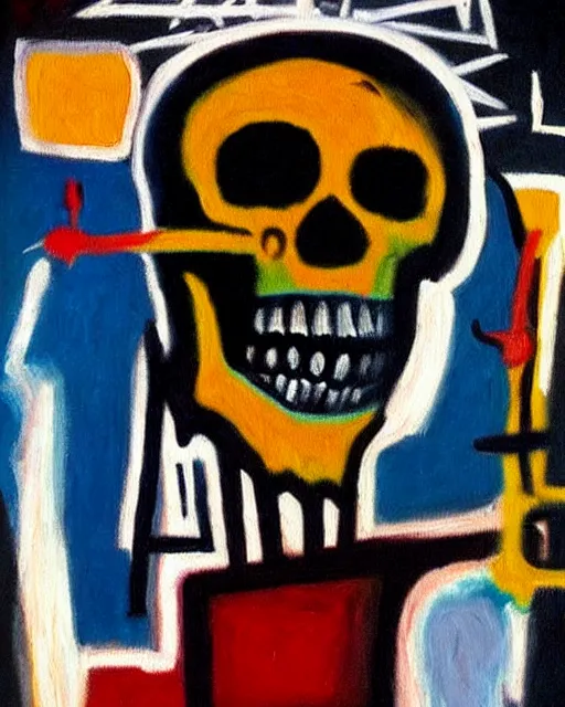 Prompt: detailed geometric oil painting of a terrified scientist skull skeleton by basquiat