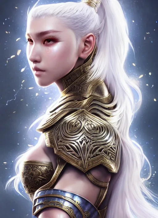 Image similar to warrior, intricate ornate opal heavy armor!!! beautiful and athletic white hair female!! gorgeous face and eyes!! character concept art, sharp focus, octane render! unreal engine 5! highly rendered!! trending on artstation!! detailed linework!! illustration by artgerm, wlop, and chie yoshii