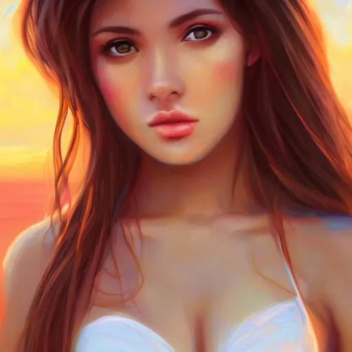 Prompt: portrait of beautiful woman on the beach, brown eyes, sunset, highly detailed, bokeh, trending on art station, digital painting by, artgerm.