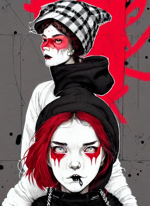 Prompt: highly detailed 3 / 4 profile portrait of an new york sewer punk lady student, eyes, tartan hoody, hat, white hair by atey ghailan, by greg tocchini, by kaethe butcher, by james gilleard, gradient red, black, brown, cream and white color scheme, grunge aesthetic!!! ( ( graffiti tag wall ) )