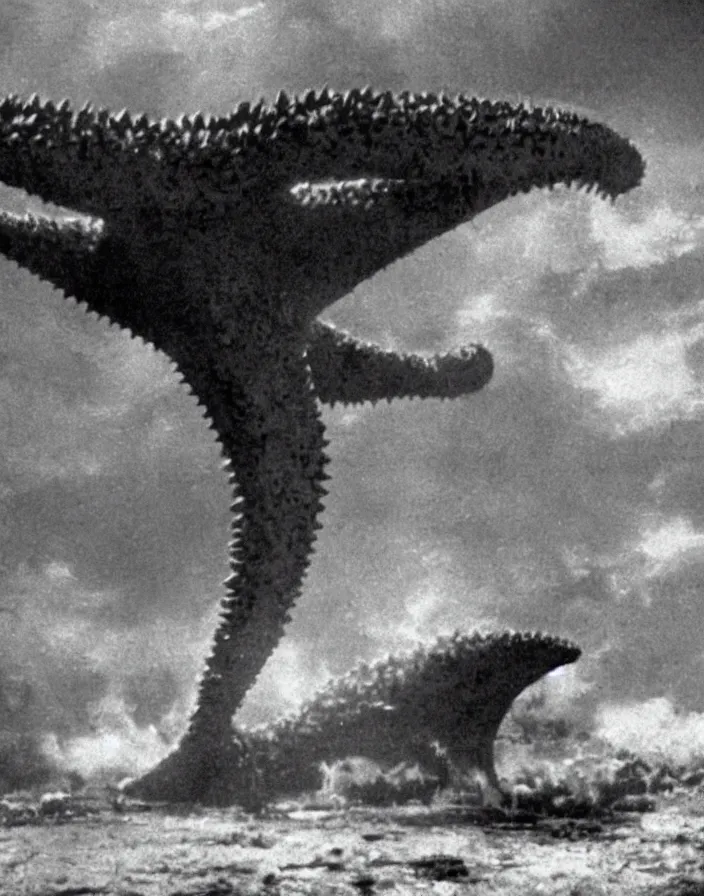 Image similar to a filmstill of a north korean monster movie, kaiju - eiga monster starfish - like trampling a traditional korean palace, foggy, film noir, urban epic battle, etheral, explosions, communist starfish, thriller, by akira kurosawa and wachowskis, video compression