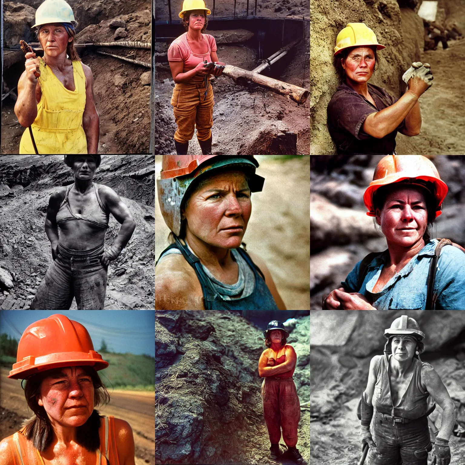 Prompt: A long-shot , color outdoor photograph portrait of a muscular miner woman woking in the mine, summer, day lighting, 1990 photo from photograph Magazine.