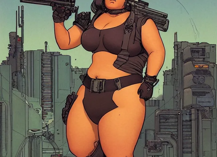 Prompt: overweight woman cyberpunk mercenary in tactical gear and jumpsuit. portrait by stonehouse and mœbius and will eisner and gil elvgren and pixar. fat pride poster. dystopian. cyberpunk 2 0 7 7, apex, blade runner 2 0 4 9 concept art. cel shading. attractive face. thick lines.