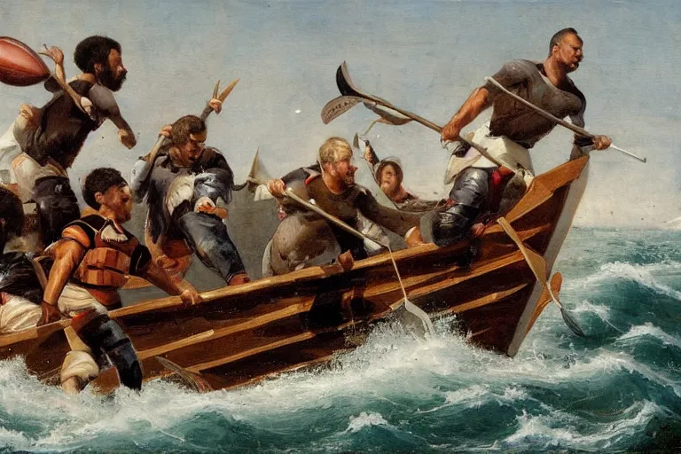 Image similar to a rowboat filled with nfl players in pads and helmets, one has a harpoon, they are chasing a whale, american oil painting