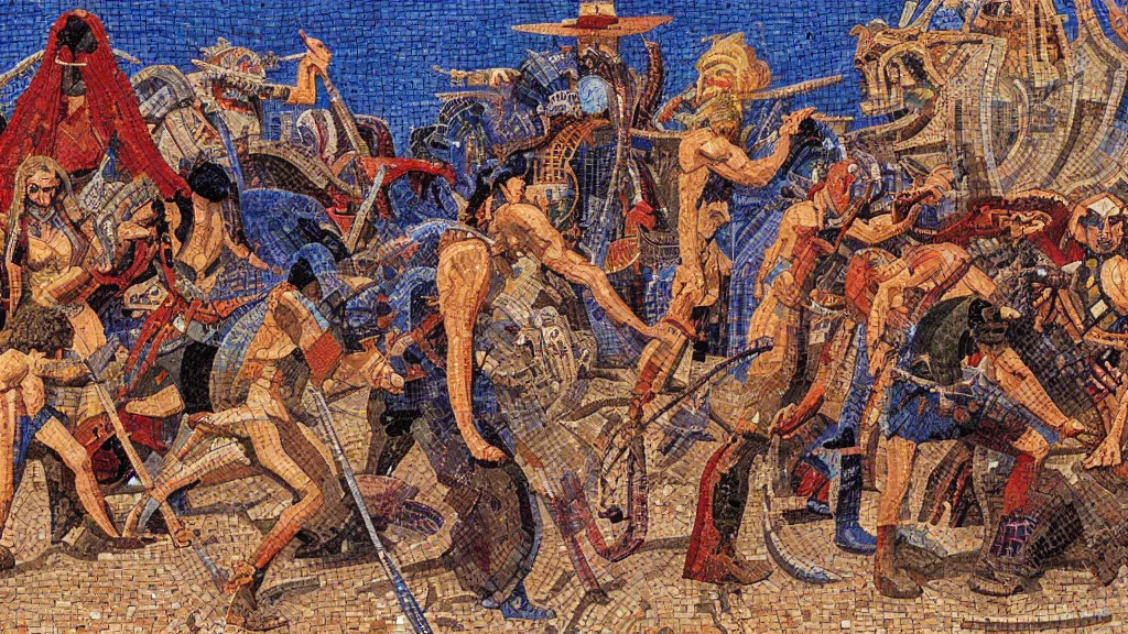 Prompt: A highly detailed mosaic of the Sumerians fending off the Old Ones by Jean Giraud