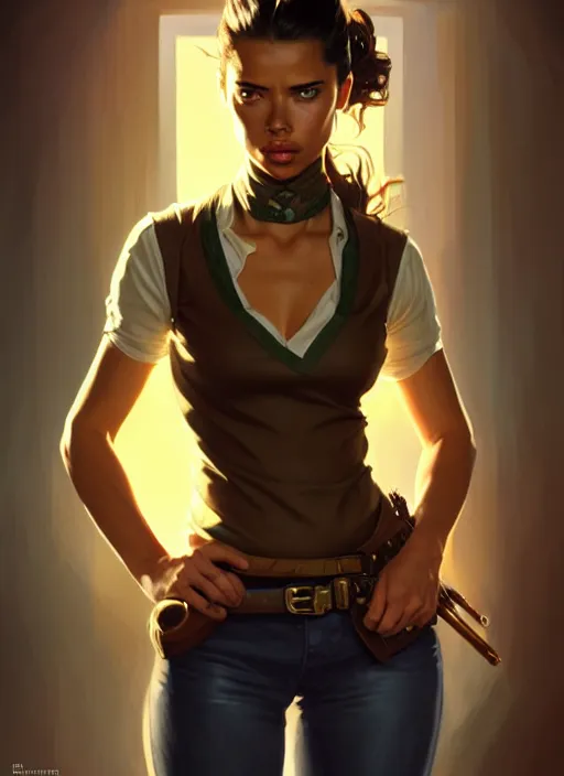 Image similar to portrait of a full body of beautiful young female detective, d & d, sleeveless turtleneck, fantasy, flat lighting, intricate, highly detailed, digital painting, artstation, concept art, smooth, sharp focus, illustration, adriana lima, art by simon bisley and greg rutkowski and alphonse mucha, natural tpose