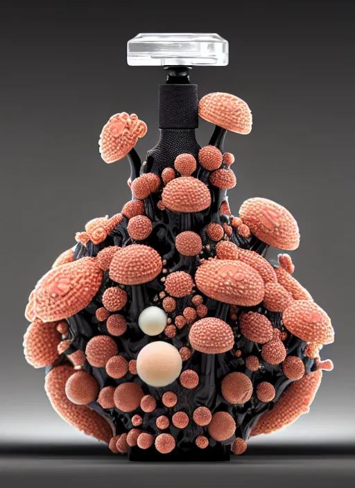 Image similar to perfume bottle standing in a miniature biomechanical black enchanted coral kingdom made of corals, mushrooms, puffballs, rhizomorphs in an ivory room well contoured smooth fair walls, up close shot, sharp focus, global illumination, radiant light, alexandre ferra white mecha, irakli nadar, octane highly render, 4 k, ultra hd,