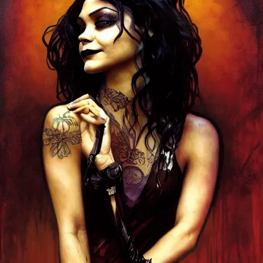 Image similar to beautiful portrait of vanessa hudgens as death from sandman, smiling, by cedric peyravernay, alphonse mucha, by jeremy mann, by lecouffe deharme, goth chic, soft lightning, eyeliner, punk rock, high detailed, 8 k