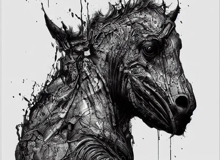 Prompt: a dream portrait of a man - horse aberration, black & white, melting, webbing, 8 k, by tristan eaton, stanley artgerm, tom bagshaw, greg rutkowski, carne griffiths, ayami kojima, beksinski, giger, trending on deviantart, face enhance, hyper detailed, minimalist, horror, alien