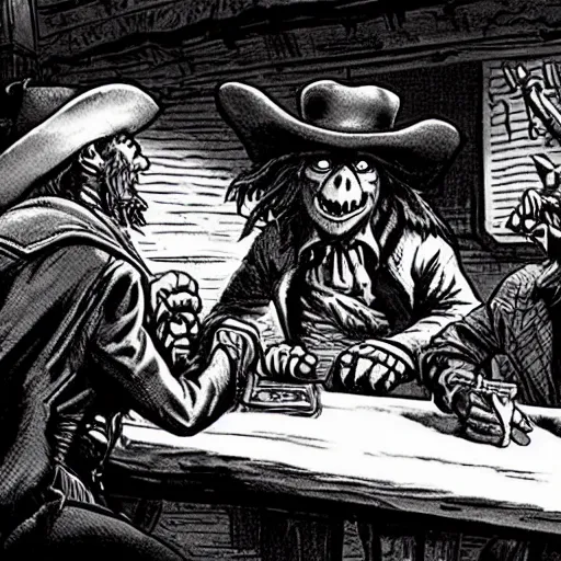 Image similar to a goblin with a large nose and a pirate with a bandana negotiating a contract with Micheal Morbius in a Western saloon.