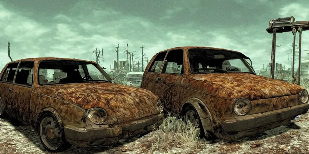 Image similar to Rusty Volkswagen Golf, screenshot from game Fallout 2 (1998), postapocalyptic