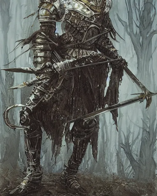 Image similar to a hyper realistic painting of a fantasy undead knight in old broken armor, pale colors, fog, dark fantasy, cinematic lighting, nighttime, by rebecca guay