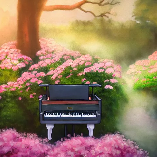 Prompt: A painting of an old piano in the middle of a garden by Hayao Miyazaki, 8K concept art, dreamy, garden, bushes, flowers, golden hour, vintage camera, detailed, UHD realistic faces, award winning photography, cinematic lighting