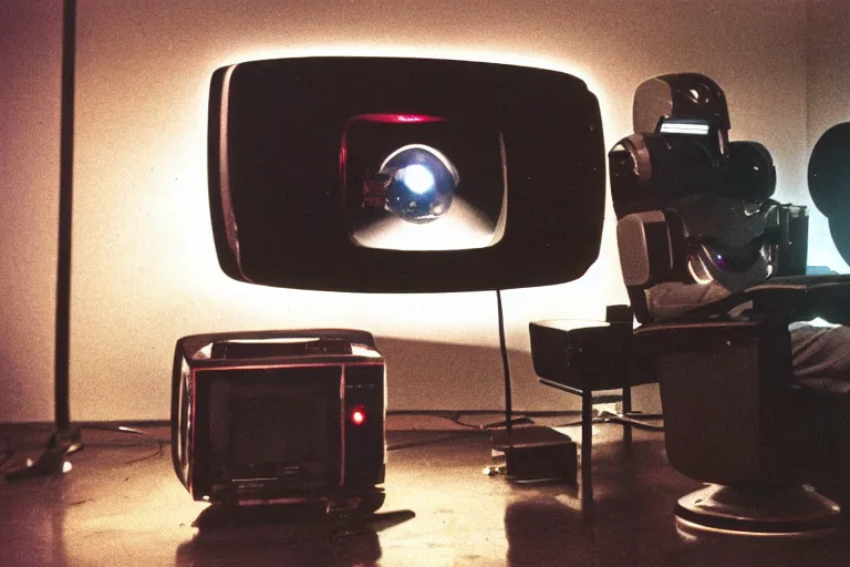 Image similar to robot sitting in a galaxy recliner, from 1986, bathed in the glow of a crt television, tv screens in background, low-light photograph, in style of terry richardson