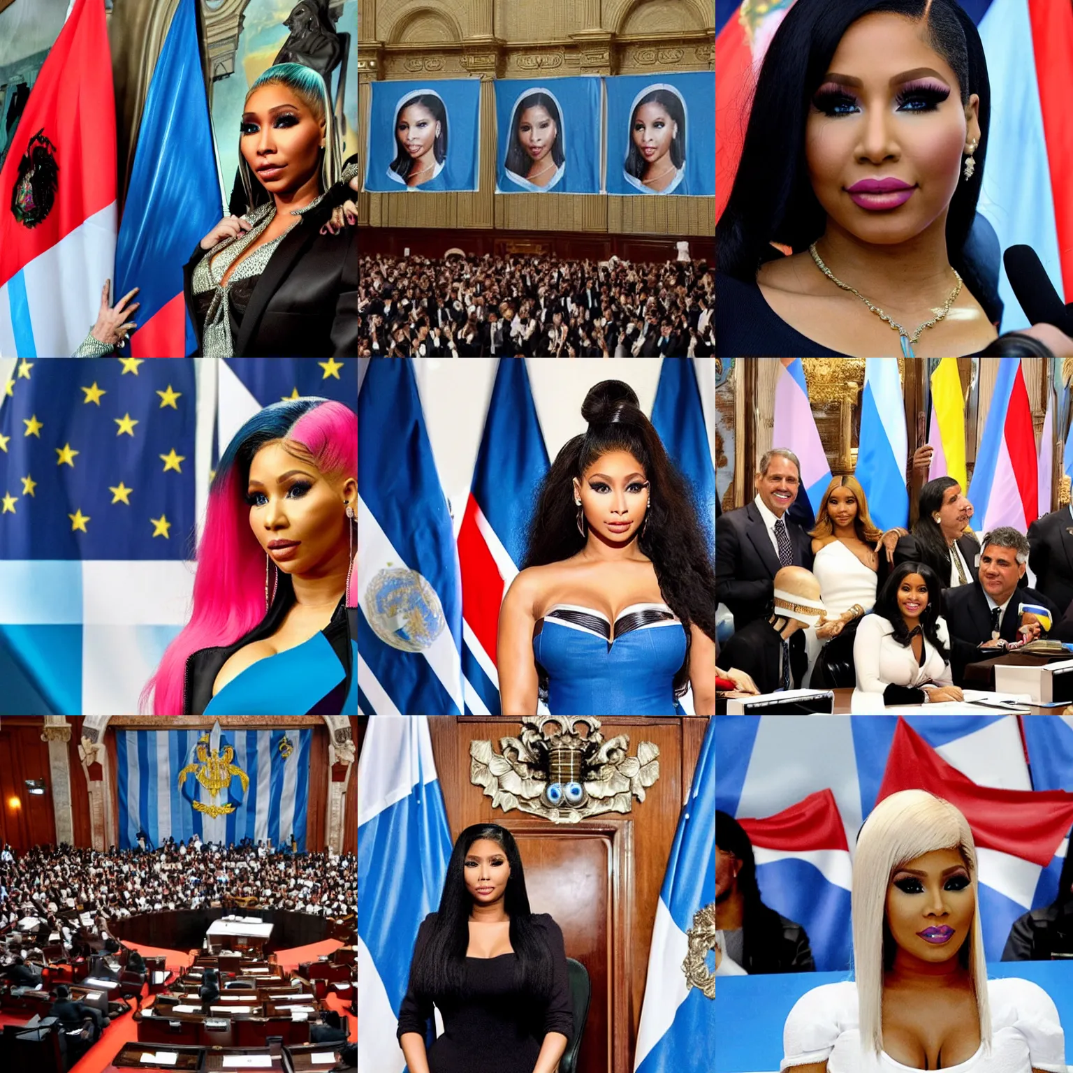 Image similar to Nicki Minaj presidente de Argentina, in the Argentine Congress, flags of Argentina behind, detailed picture